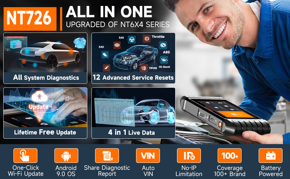 FOXWELL NT726 OBD2 Scanner All System Code Reader Scan Tool 12+ Service Reset OBD2 Diagnostic Scan Tool Lifetime WiFi Update