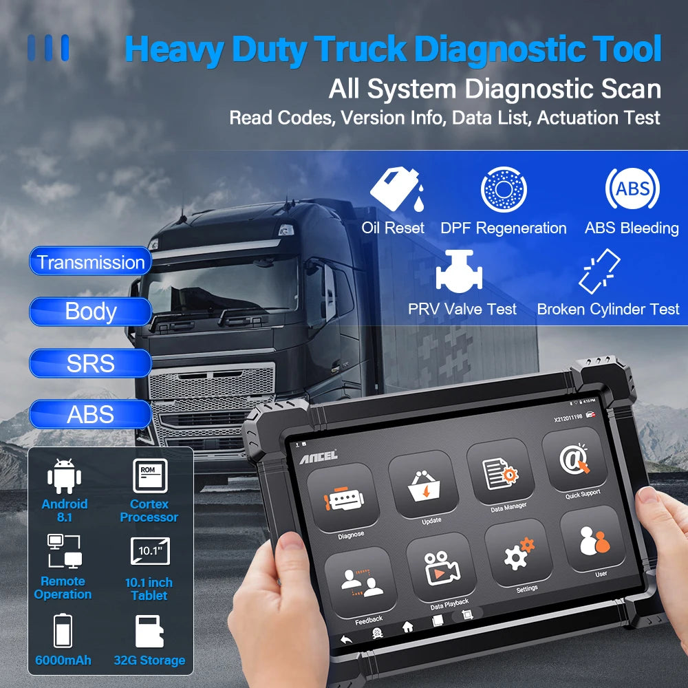 ANCEL X7 HD Heavy Duty Truck OBD2 Automotive Scanner Full System 12V 24V Oil D-P-F Regen ECU Reset OBD2 Truck Diagnostic Tools 
