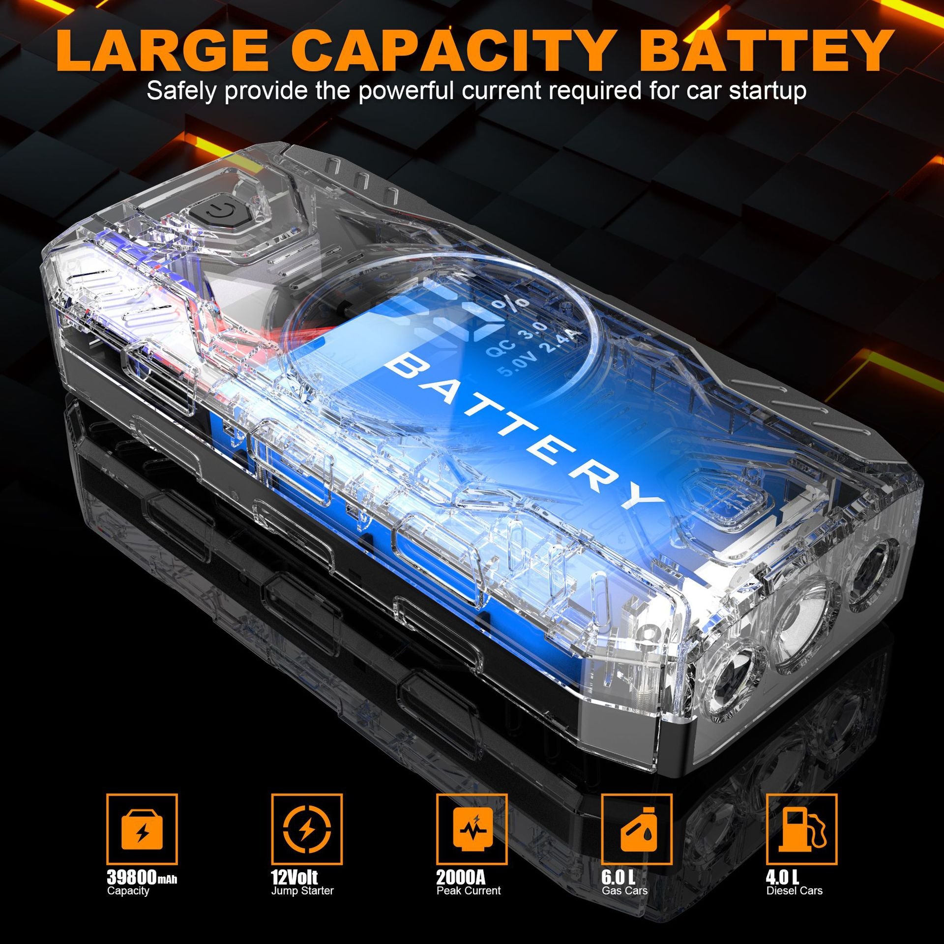 2000A Start Power Bank 39800mAh Jump Starter Car Booster External Battery 12V Starting Device for Petrol Diesel Powerbank
