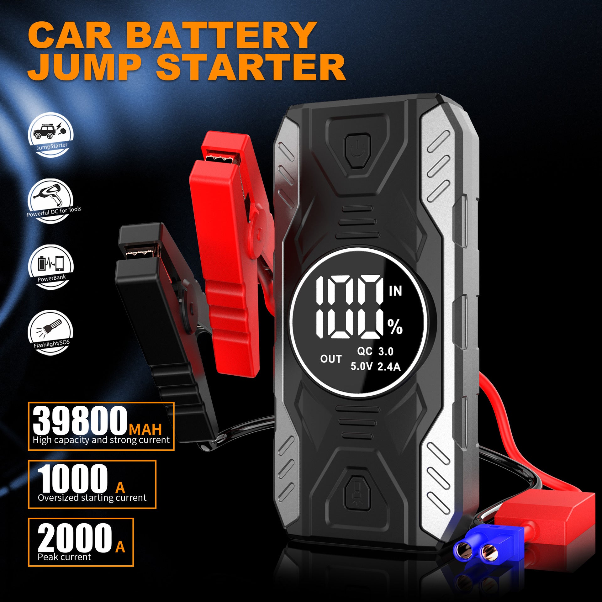 2000A Start Power Bank 39800mAh Jump Starter Car Booster External Battery 12V Starting Device for Petrol Diesel Powerbank