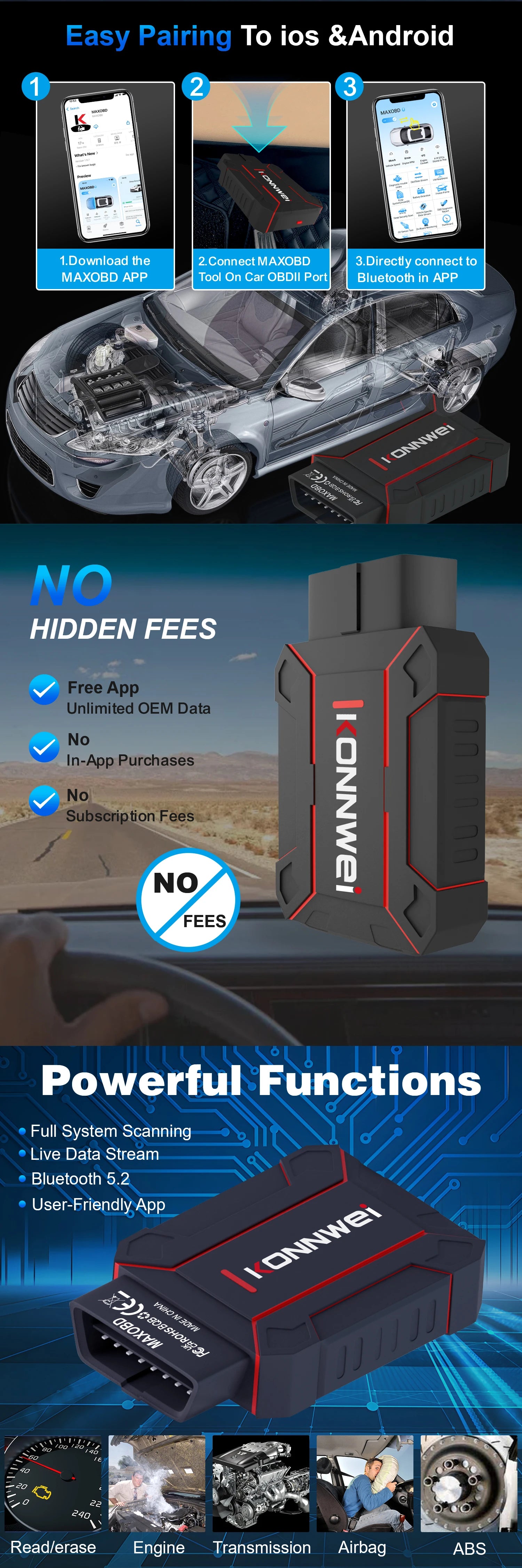 Newest Products Car All System Scanner KONNWEI MAXOBD Bluetooth 5.0 For Android And Ios Both With Free MAXOBD App On Mobile