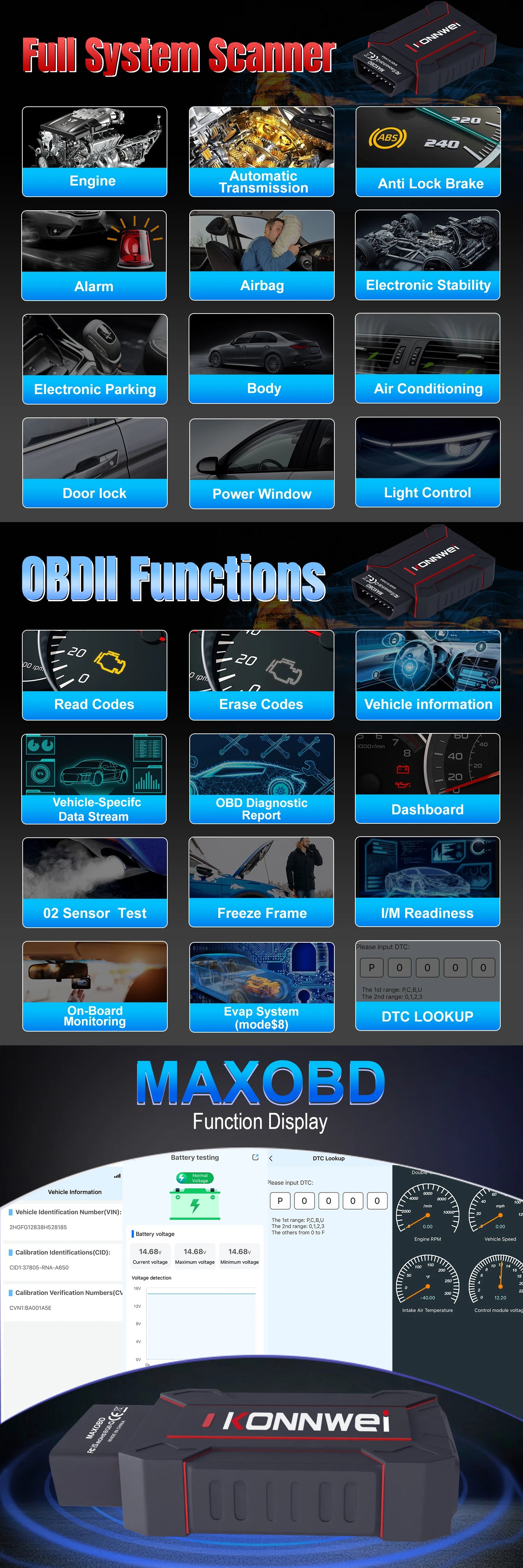 Newest Products Car All System Scanner KONNWEI MAXOBD Bluetooth 5.0 For Android And Ios Both With Free MAXOBD App On Mobile