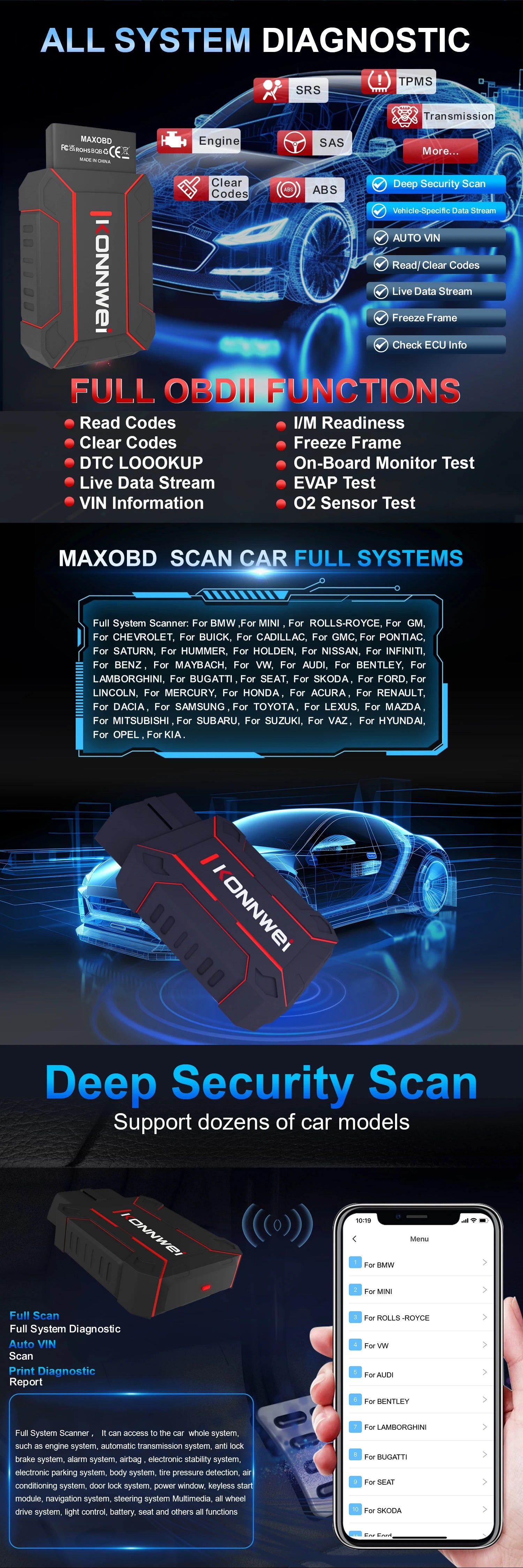 Newest Products Car All System Scanner KONNWEI MAXOBD Bluetooth 5.0 For Android And Ios Both With Free MAXOBD App On Mobile