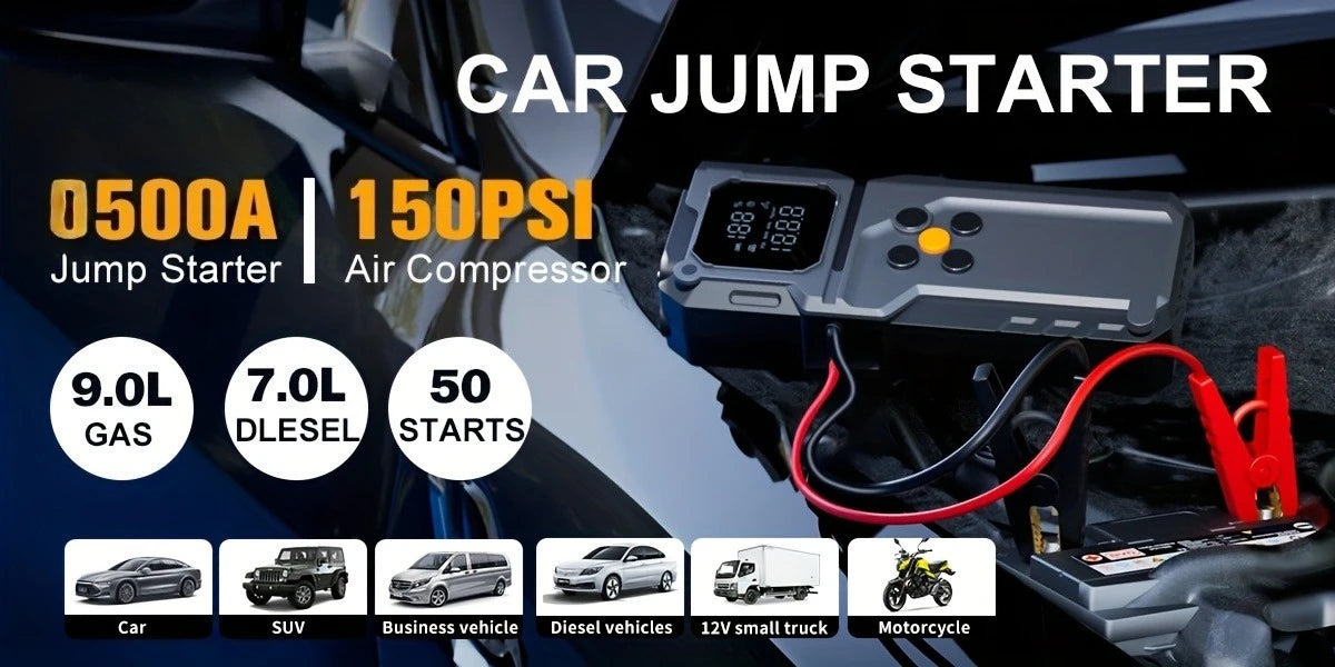 Car Jump Starter With Air Compressor,5000A Battery Jump Starter Pack, Power Bank USB QC3.0 Battery Booster Jumper Tire Inflator