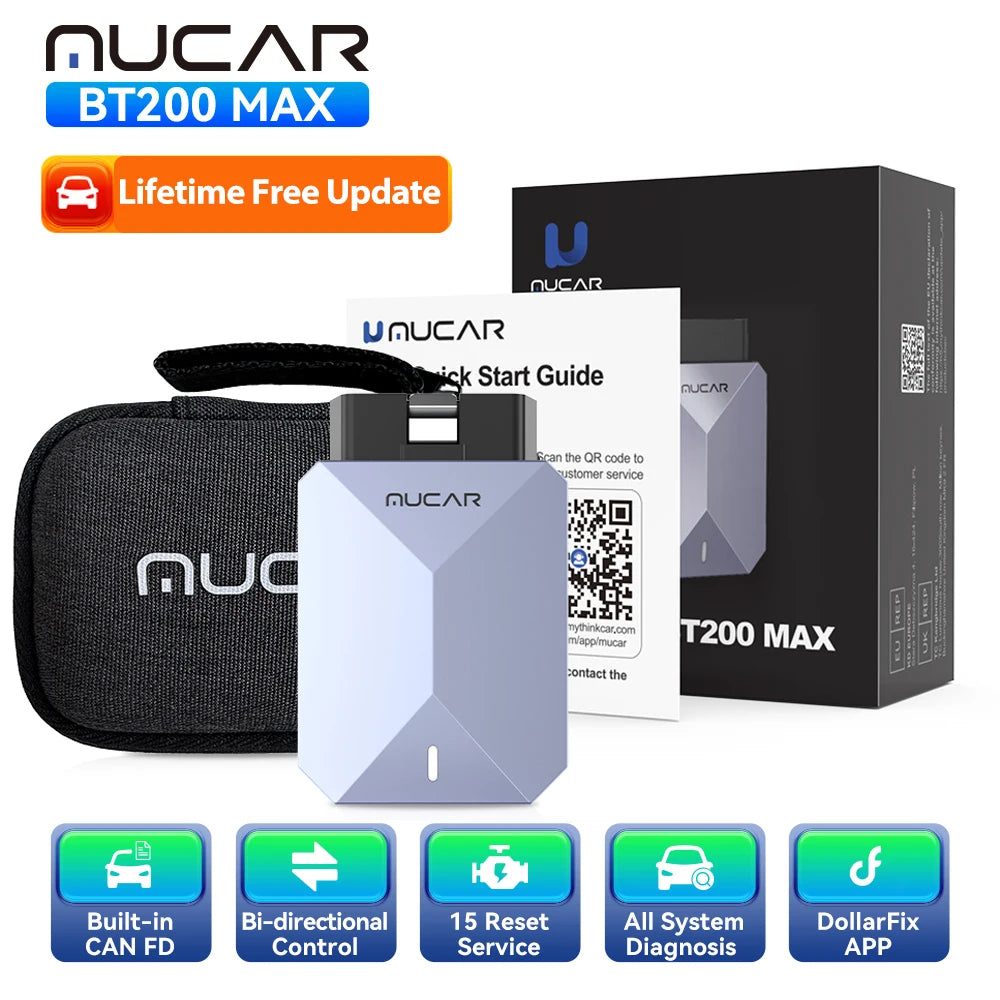Lifetime Free Update MUCAR BT200 Max OBD2 Scanner CAN FD Bi-Directional Control All System Diagnostic Tool 15 Reset for All Cars