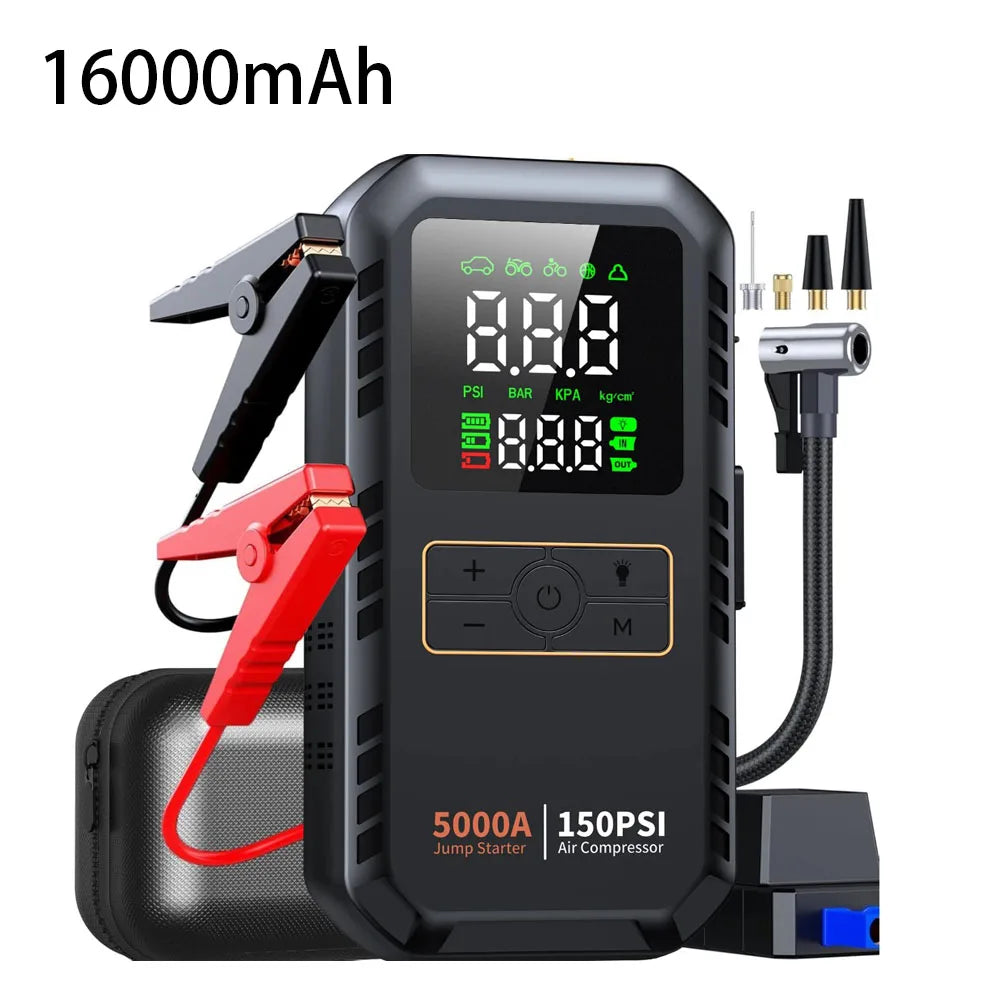4-IN-1 Car Jump Starter with Air Compressor Peak 5000A Auto Battery Booster 150PSI Air Pump Portable Power Bank Tire Inflator
