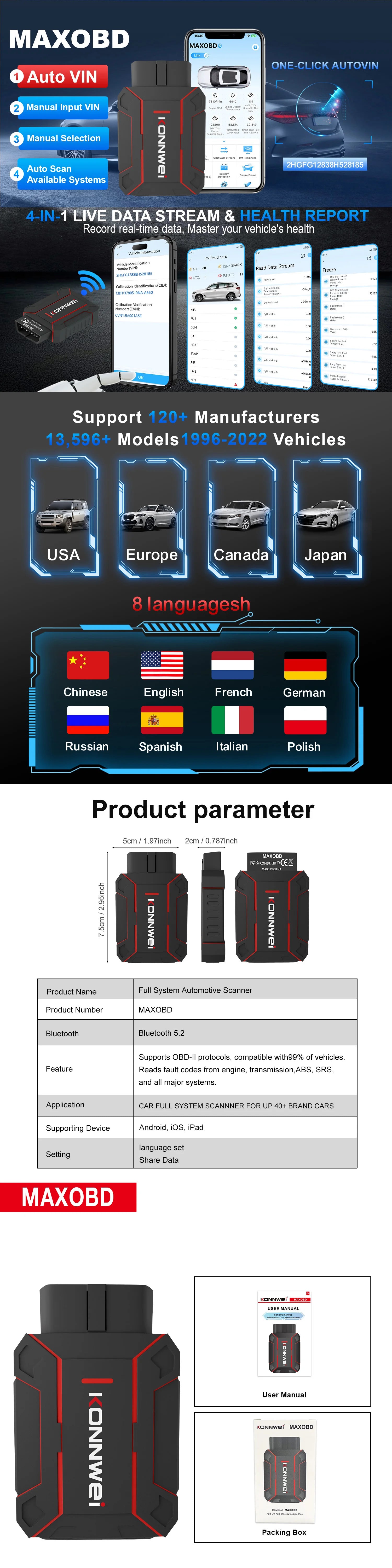 Newest Products Car All System Scanner KONNWEI MAXOBD Bluetooth 5.0 For Android And Ios Both With Free MAXOBD App On Mobile