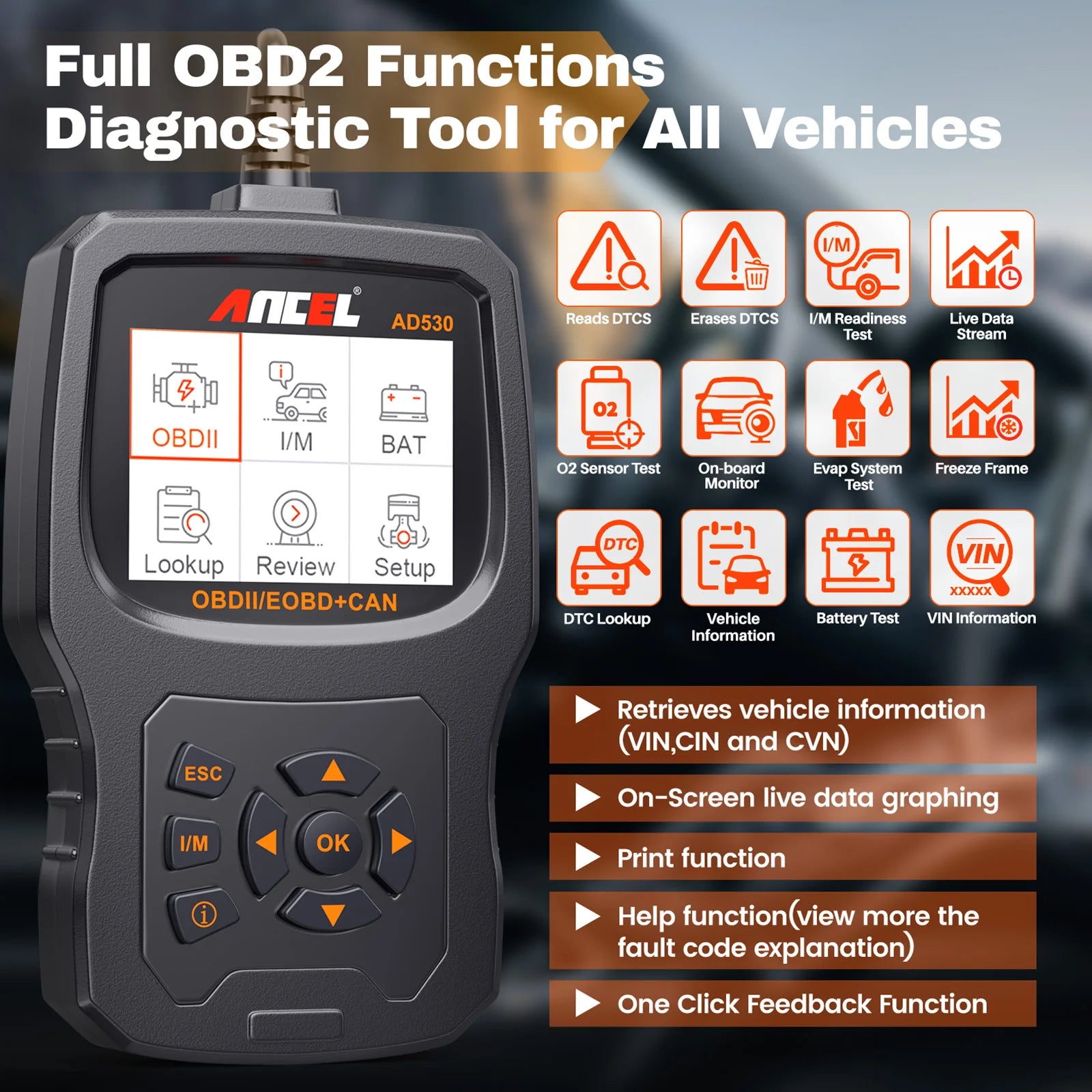 2025 ANCEL AD530 Automotive OBD2 Scanner Professional Car Code Reader Battery Tester Check Engine OBD 2 Car Diagnostic Scan Tool