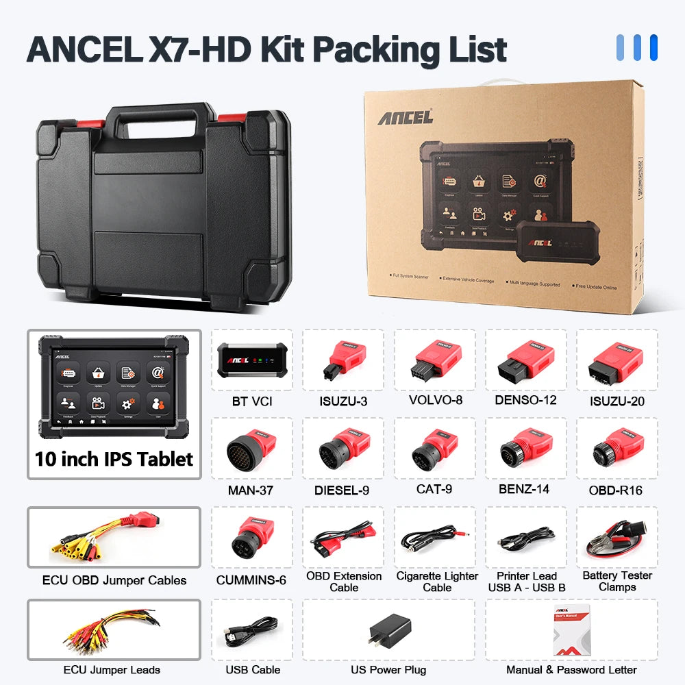 ANCEL X7 HD Heavy Duty Truck OBD2 Automotive Scanner Full System 12V 24V Oil D-P-F Regen ECU Reset OBD2 Truck Diagnostic Tools 