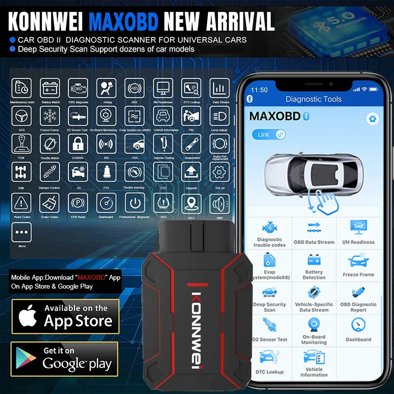 Newest Products Car All System Scanner KONNWEI MAXOBD Bluetooth 5.0 For Android And Ios Both With Free MAXOBD App On Mobile