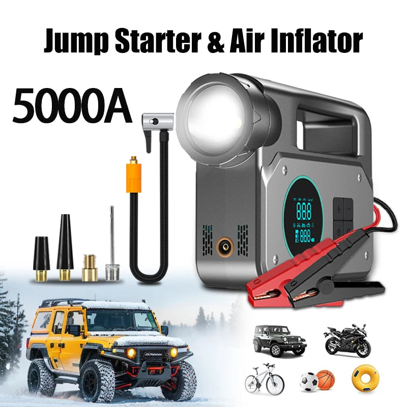 Car Jump Starter & Air Inflator - 10.2 Bar Fast Fill, -40°C Low-Temp Work 12V Lead-Acid Battery, LED Flashlight & USB Charger