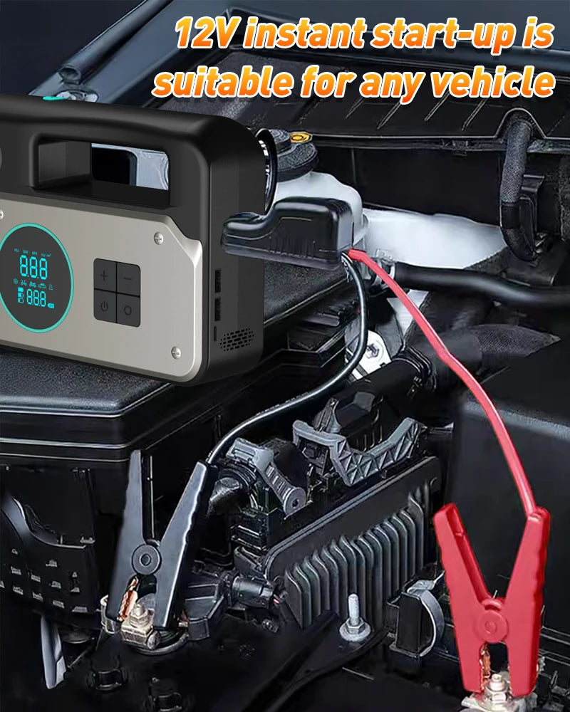 Car Jump Starter & Air Inflator - 10.2 Bar Fast Fill, -40°C Low-Temp Work 12V Lead-Acid Battery, LED Flashlight & USB Charger