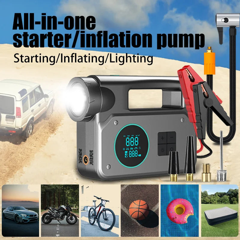 Car Jump Starter & Air Inflator - 10.2 Bar Fast Fill, -40°C Low-Temp Work 12V Lead-Acid Battery, LED Flashlight & USB Charger