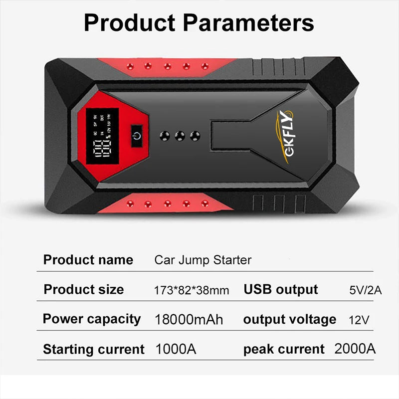 GKFLY 18000mAh Portable Car Jump Starter Power Bank Car Booster Charger 12V 2000A Starting Device Petrol Diesel Car Booster
