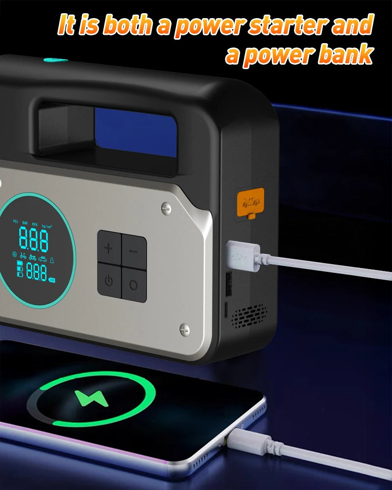 Car Jump Starter & Air Inflator - 10.2 Bar Fast Fill, -40°C Low-Temp Work 12V Lead-Acid Battery, LED Flashlight & USB Charger