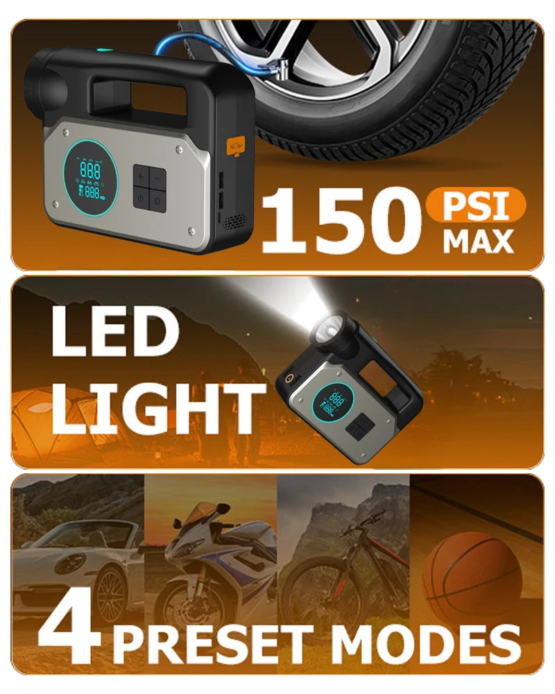 Car Jump Starter & Air Inflator - 10.2 Bar Fast Fill, -40°C Low-Temp Work 12V Lead-Acid Battery, LED Flashlight & USB Charger