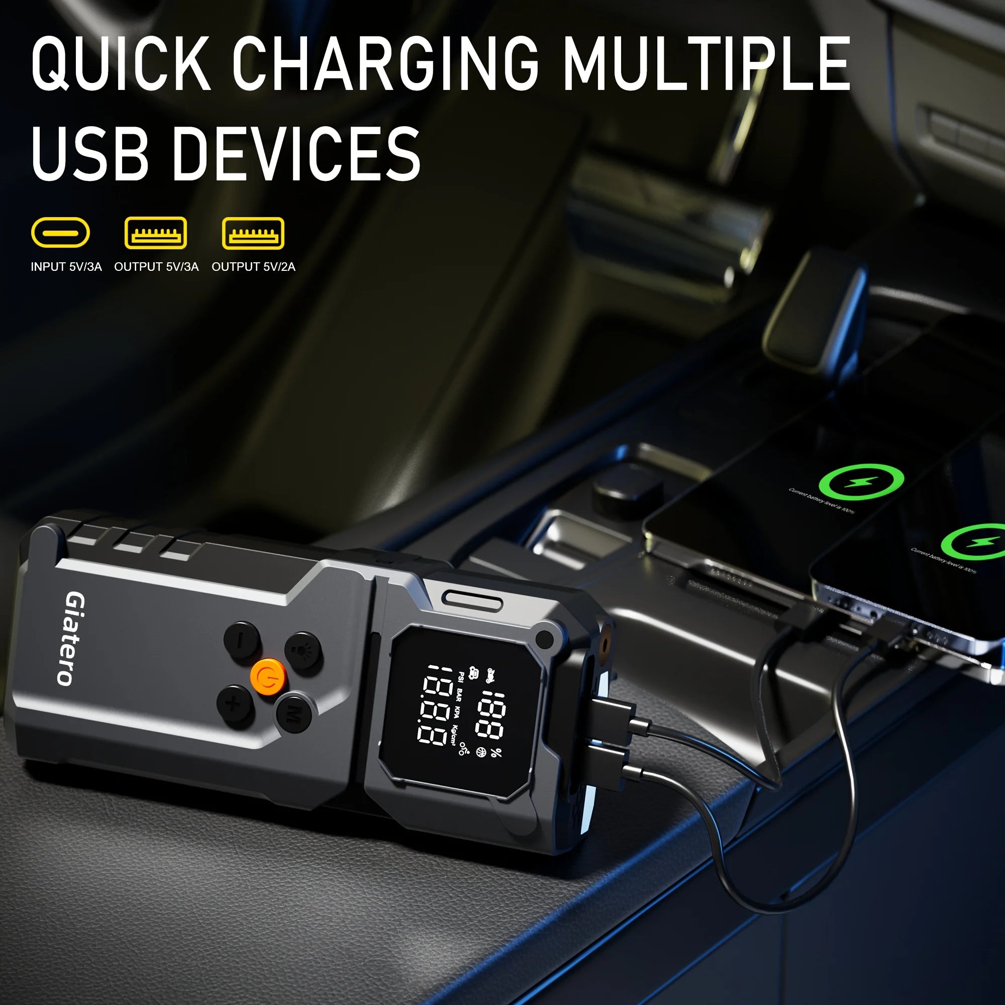 Car Jump Starter With Air Compressor,5000A Battery Jump Starter Pack, Power Bank USB QC3.0 Battery Booster Jumper Tire Inflator