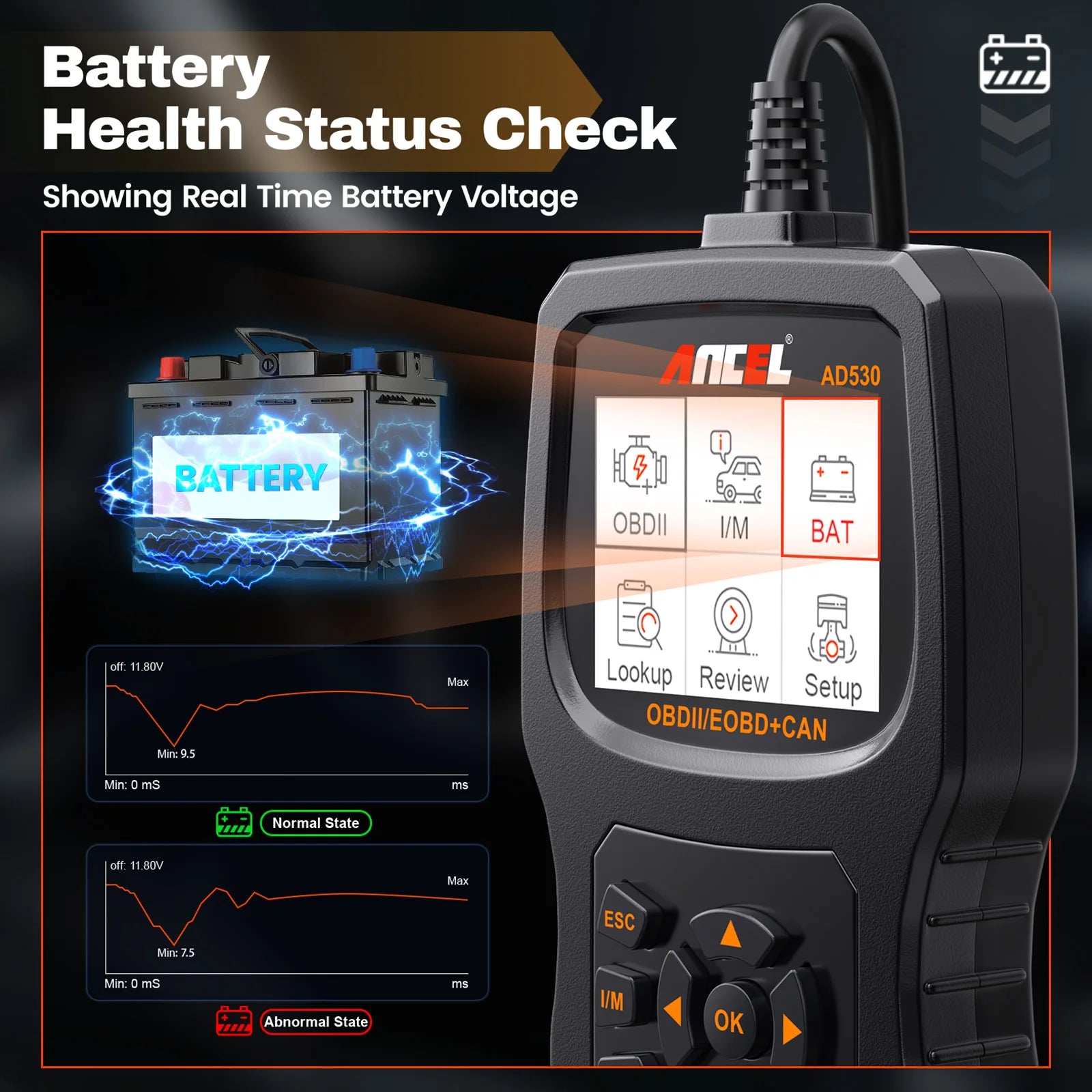 2025 ANCEL AD530 Automotive OBD2 Scanner Professional Car Code Reader Battery Tester Check Engine OBD 2 Car Diagnostic Scan Tool