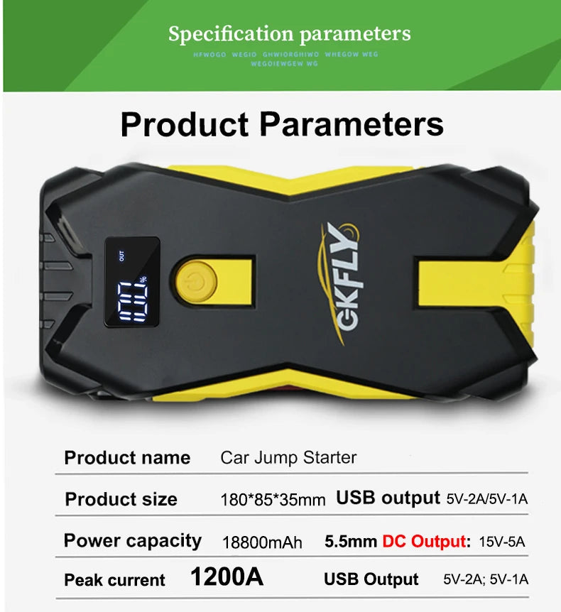 GKFLY Jump Starter Power Bank 800A /1200A Portable Car Battery Starter For 12V Car Emergency Booster Starter Starting Device