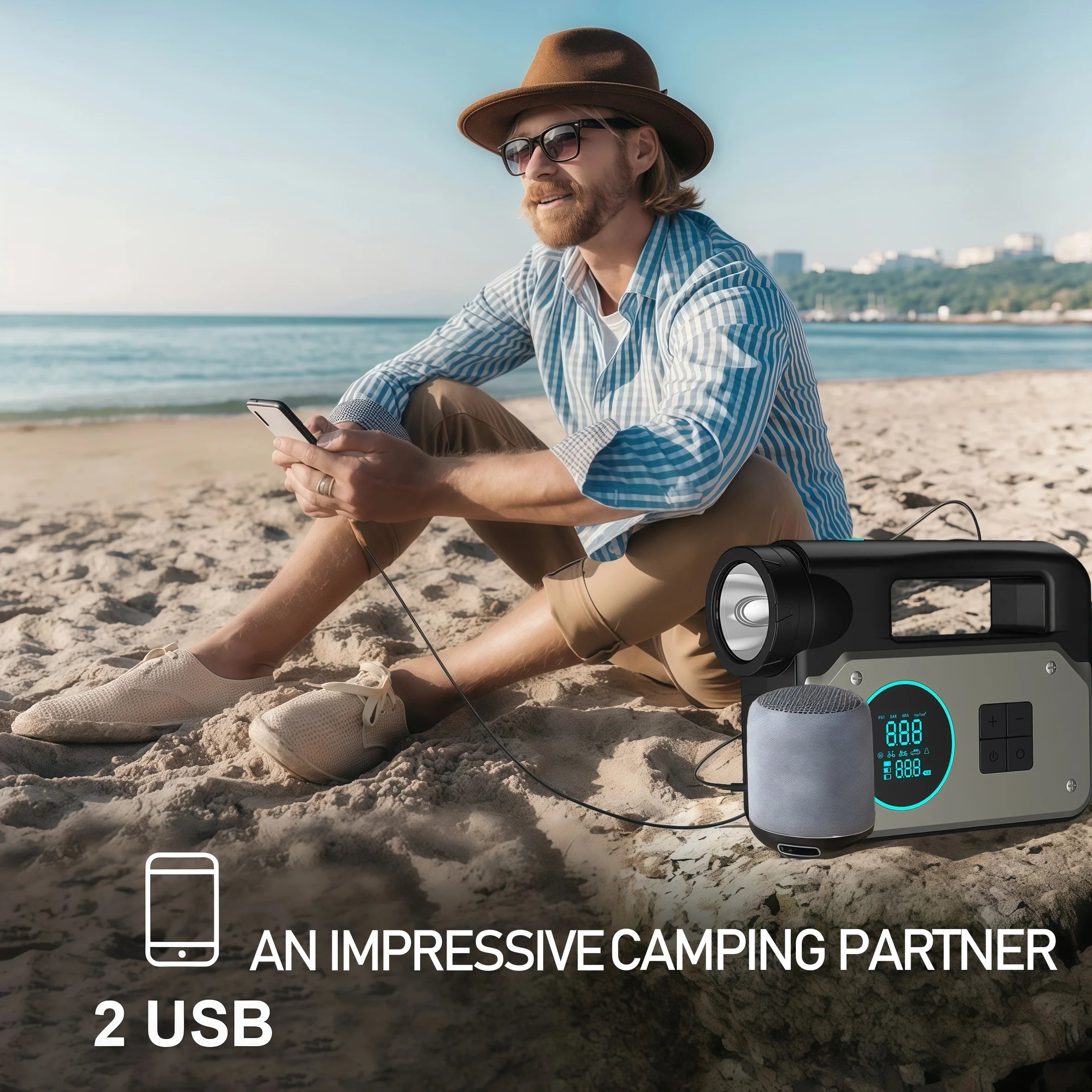 Car Jump Starter & Air Inflator - 10.2 Bar Fast Fill, -40°C Low-Temp Work 12V Lead-Acid Battery, LED Flashlight & USB Charger