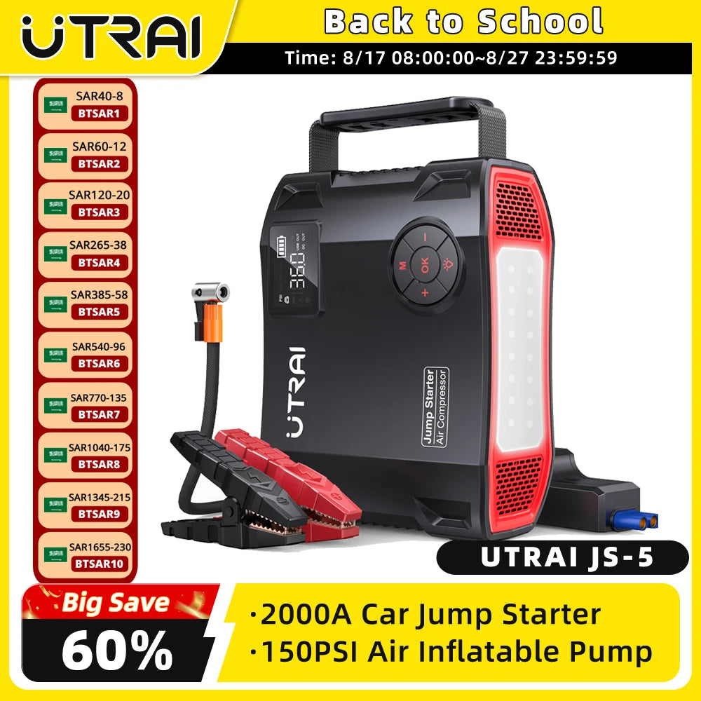 UTRAI 4 In 1 2000A Jump Starter Power Bank 16000mAh 150PSI Air Compressor Tire Pump Portable Charger Car Booster Starting Device