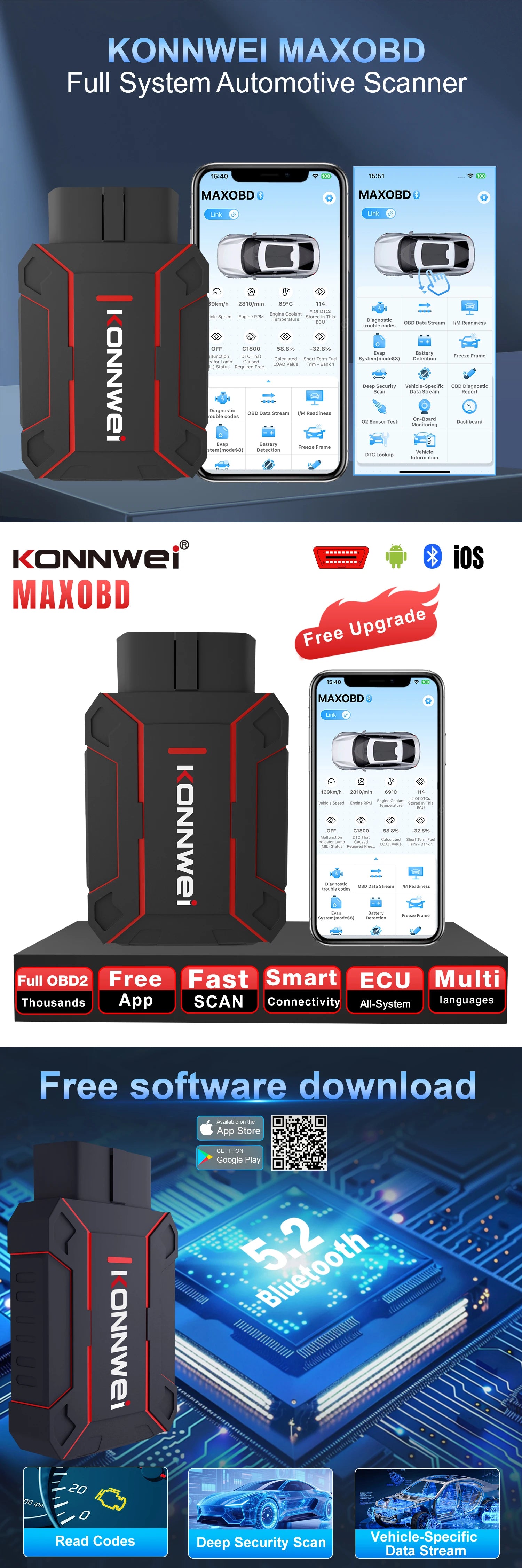 Newest Products Car All System Scanner KONNWEI MAXOBD Bluetooth 5.0 For Android And Ios Both With Free MAXOBD App On Mobile