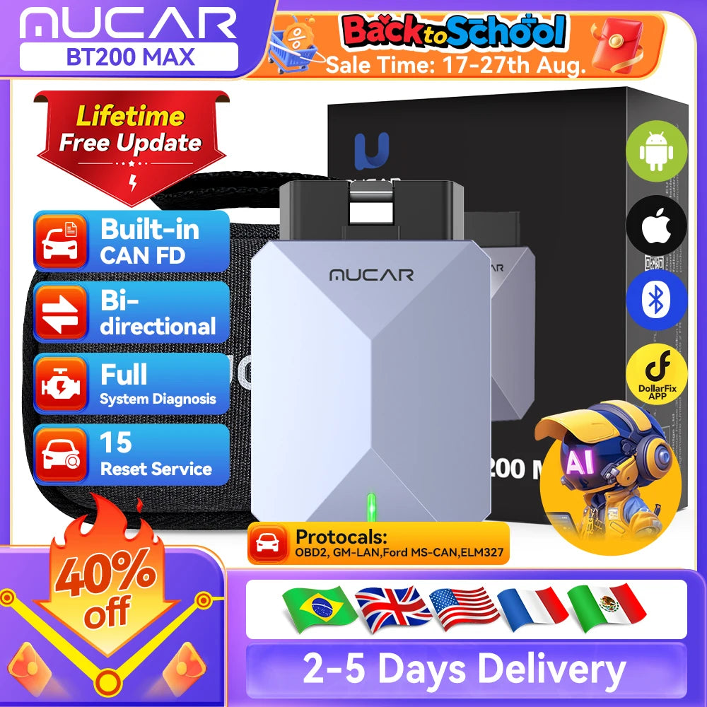 Lifetime Free Update MUCAR BT200 Max OBD2 Scanner CAN FD Bi-Directional Control All System Diagnostic Tool 15 Reset for All Cars