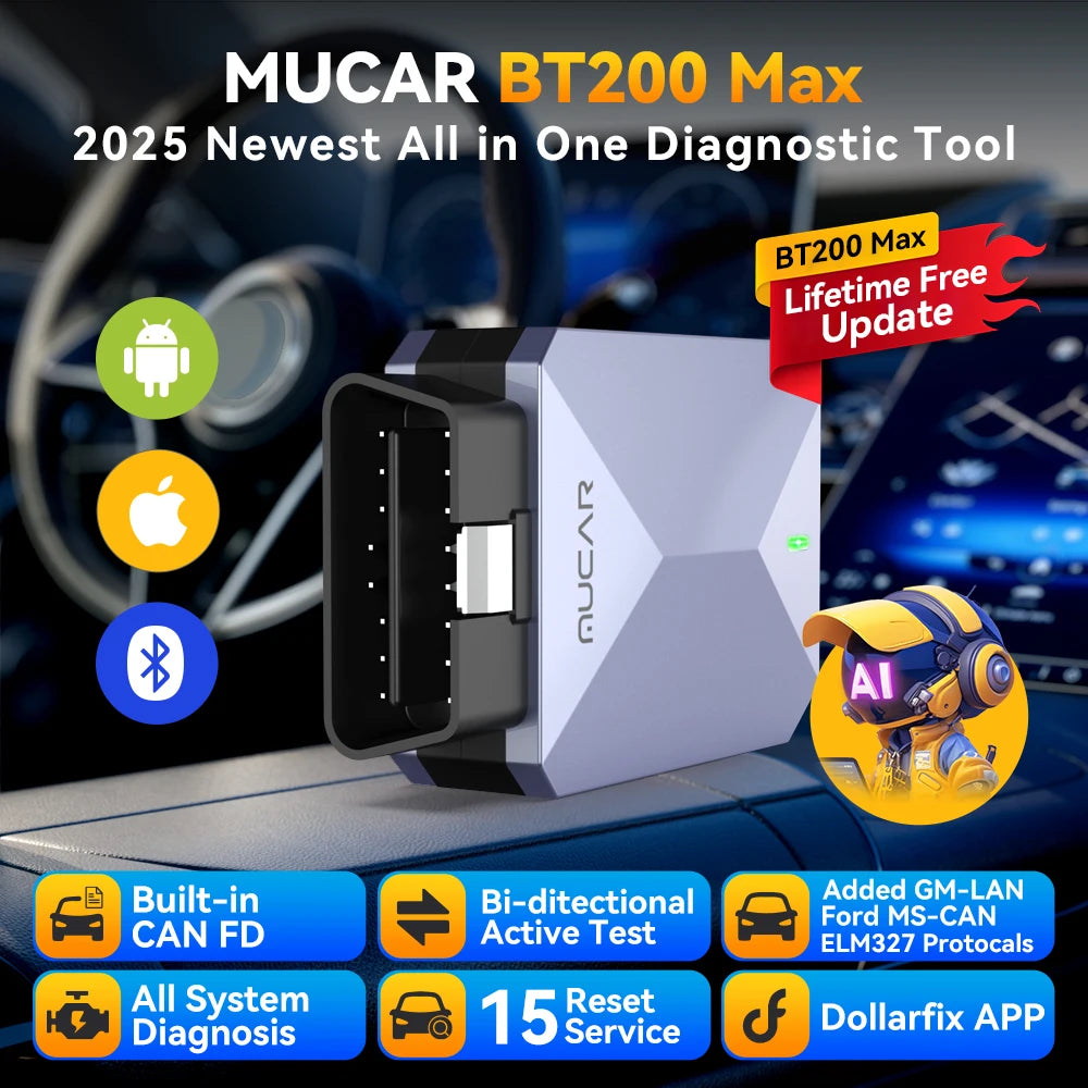 Lifetime Free Update MUCAR BT200 Max OBD2 Scanner CAN FD Bi-Directional Control All System Diagnostic Tool 15 Reset for All Cars