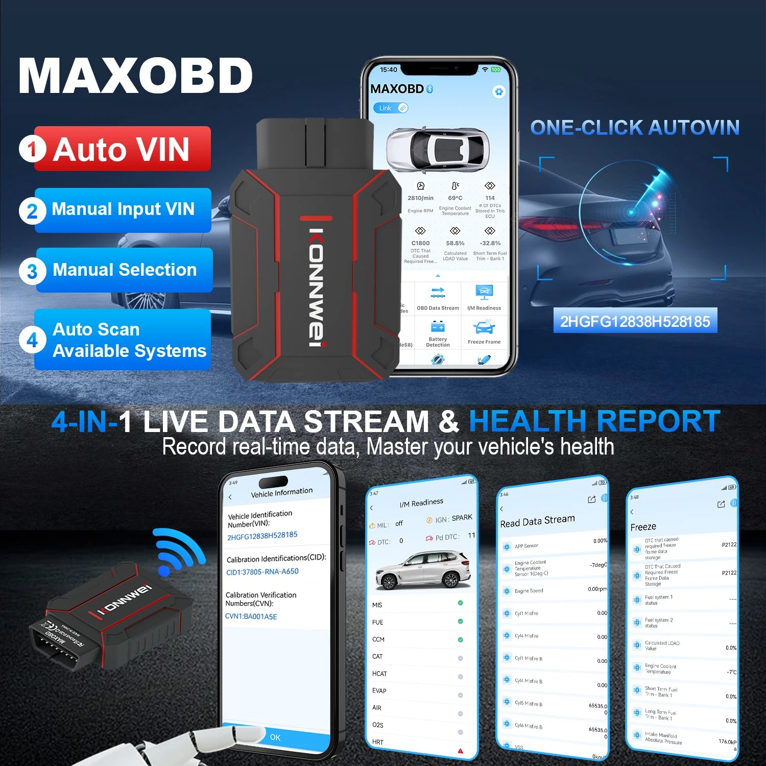 Newest Products Car All System Scanner KONNWEI MAXOBD Bluetooth 5.0 For Android And Ios Both With Free MAXOBD App On Mobile