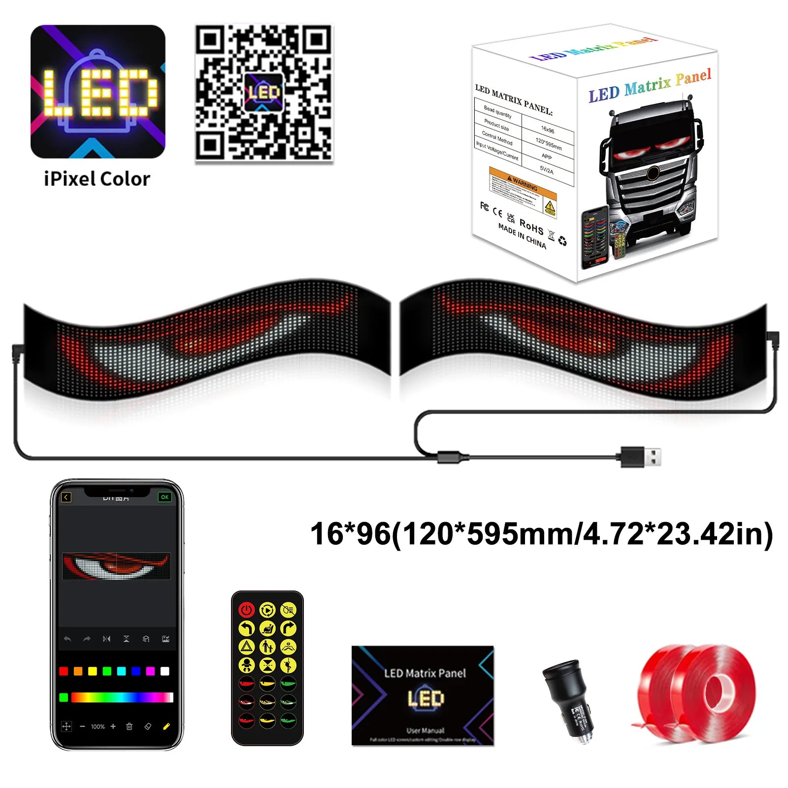 Dynamic Devil Eyes Light for Cars Truck Windshield Programmable LED Display Flexible Soft Screen Bluetooth APP Remote Control