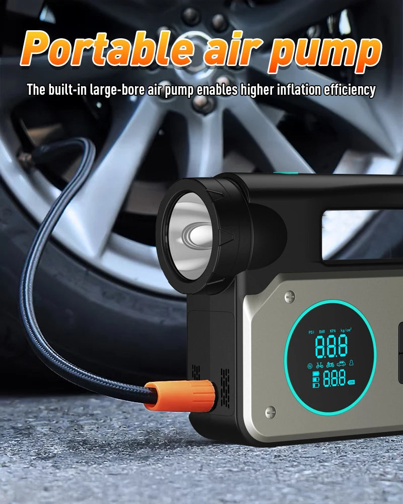 Car Jump Starter & Air Inflator - 10.2 Bar Fast Fill, -40°C Low-Temp Work 12V Lead-Acid Battery, LED Flashlight & USB Charger