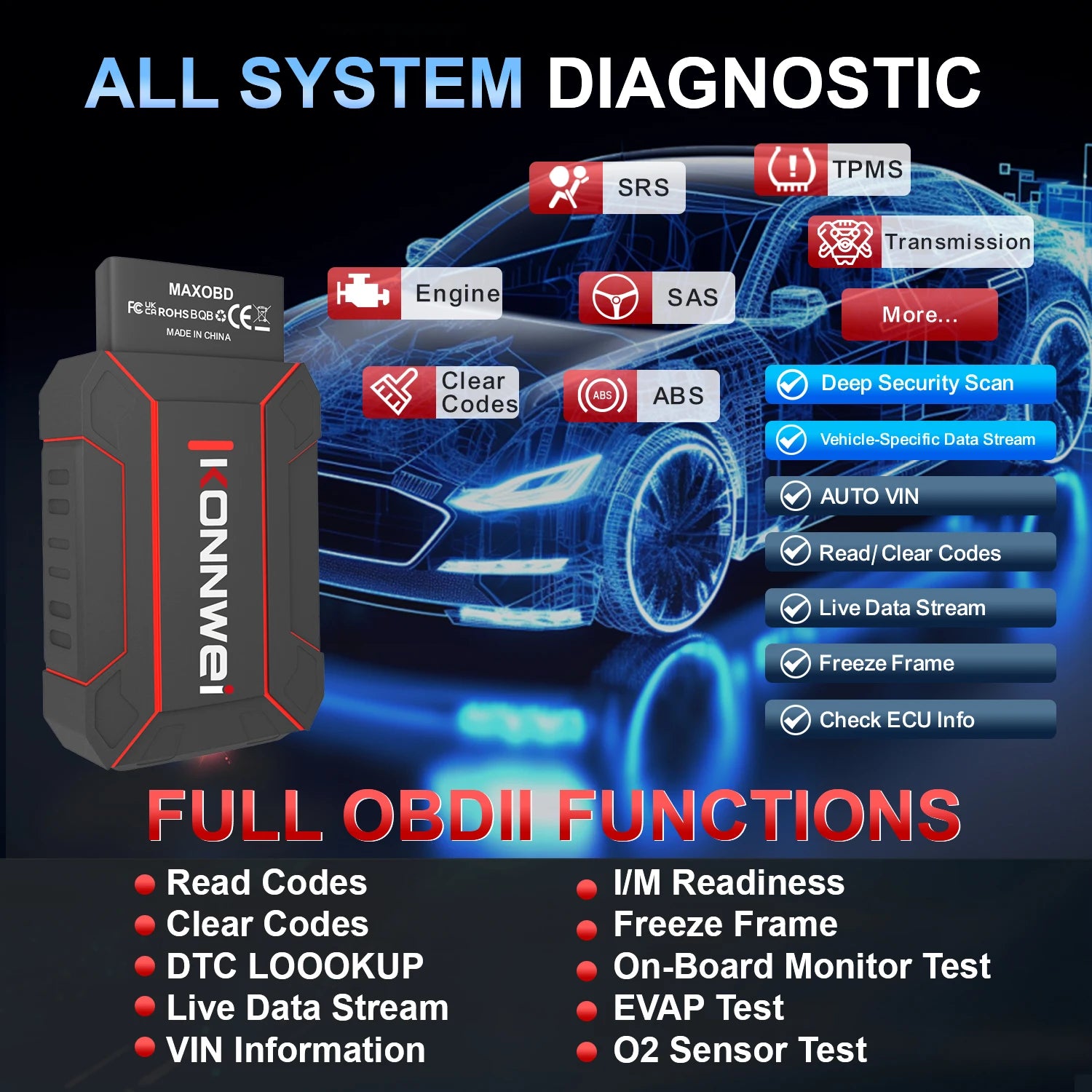 Newest Products Car All System Scanner KONNWEI MAXOBD Bluetooth 5.0 For Android And Ios Both With Free MAXOBD App On Mobile