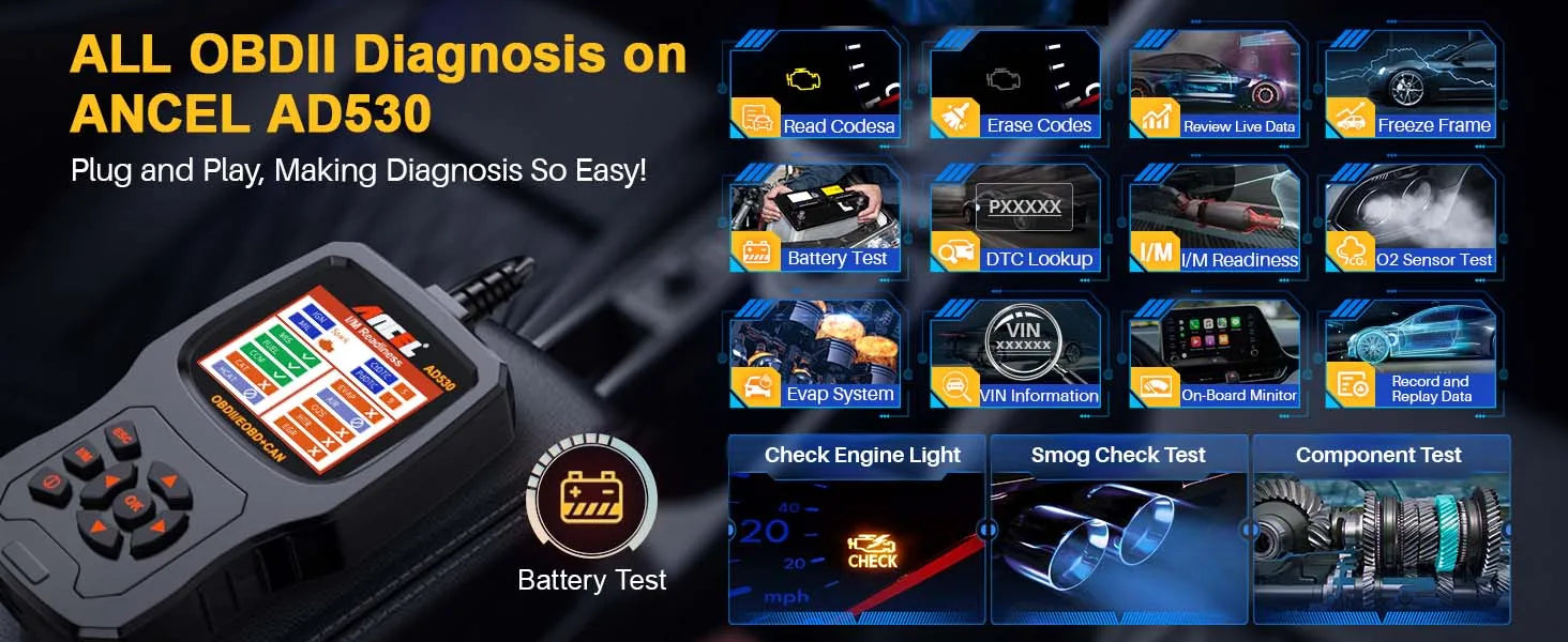 2025 ANCEL AD530 Automotive OBD2 Scanner Professional Car Code Reader Battery Tester Check Engine OBD 2 Car Diagnostic Scan Tool