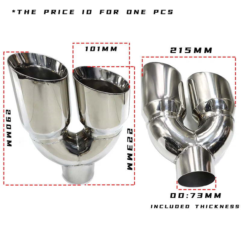 Y Shape Car Dual Exhaust Tip Universal Muffler Tip Stainless Steel Exhaust Pipe Nozzle 2.8" Inlet Tailpipe 8.46" Outlet Nozzle