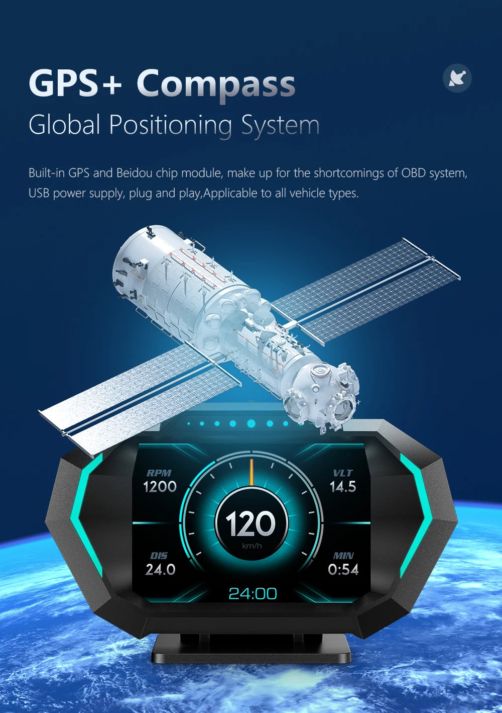 HUD P24 OBD2+GPS Head Up Display on Board Computer Multi-function Digital Speedometer Slope Meter Inclinometro 4x4 Off Road