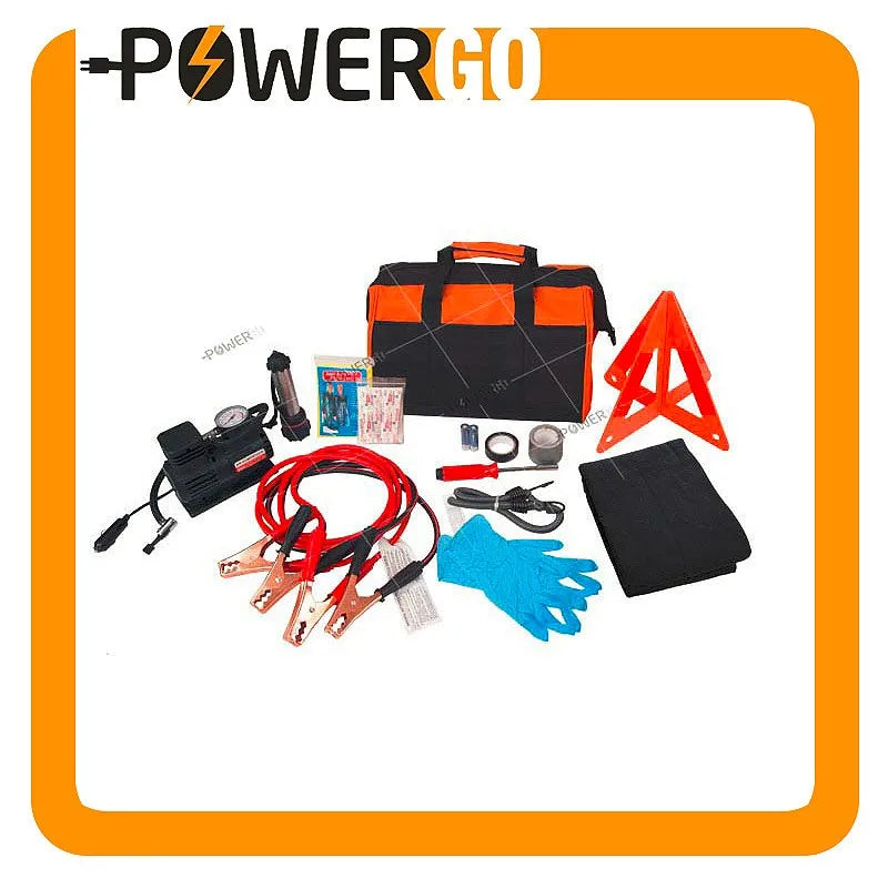 Roadside Assistance Car Emergency Kit + First Aid Kit Rugged Tool Bag Contains Jumper Cables, Tools, Reflective Safety Triangle