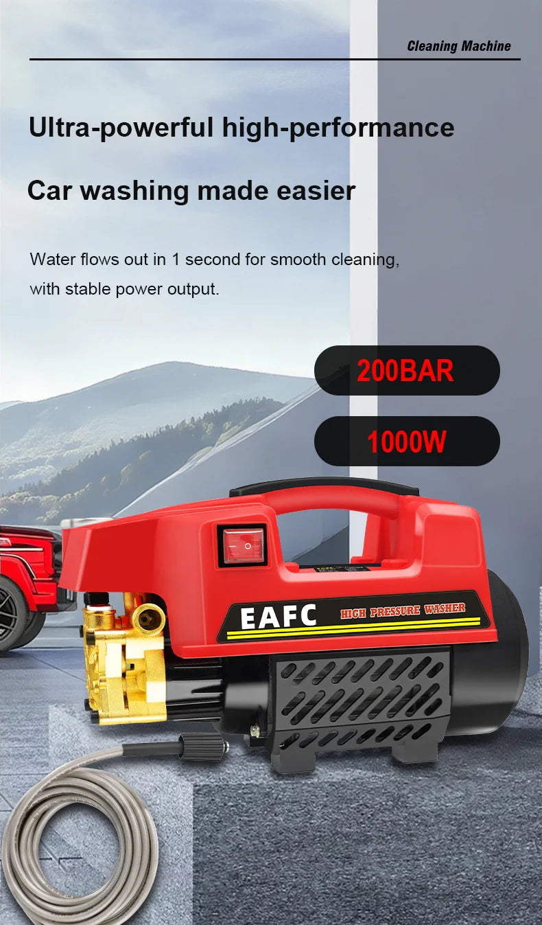 1000W 200BAR High Pressure Washer Household Cleaner Water Pressure Machine Water Gun Cleaning for Cars AC Units Home Windows