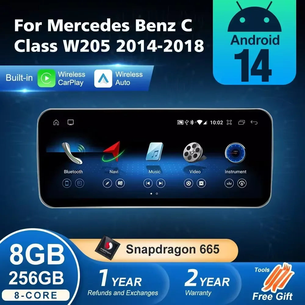 Android 14 Wireless CarPlay For Mercedes Benz C Class W205 Screen Android Auto Multimedia Navigation GPS SWC DSP 4G WiFi