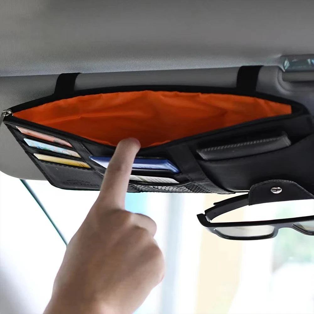 Leather car multi-functional sun visor, multi-pocket business card, memory card storage bag, car sunglasses frame, sun visor
