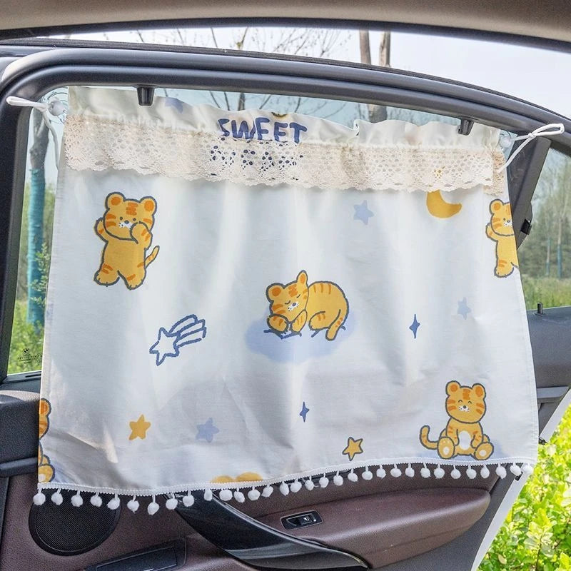 Car Side Window Sunshade Curtains Suction Cup Checkered Design Car Accessories Light-Blocking Lace Trim Car Privacy Curtains