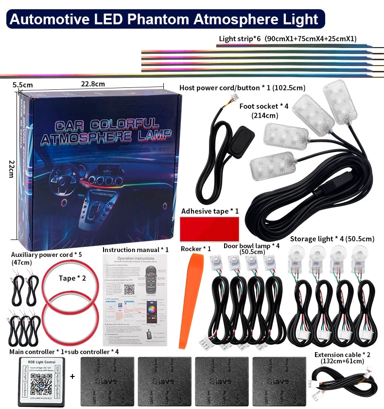 14/18 in 1 Led Acrylic Car Ambient Light RGB 64 213 Color Symphony Acrylic APP Streamer Atmosphere Lamp Kit One Zone Dual Zone