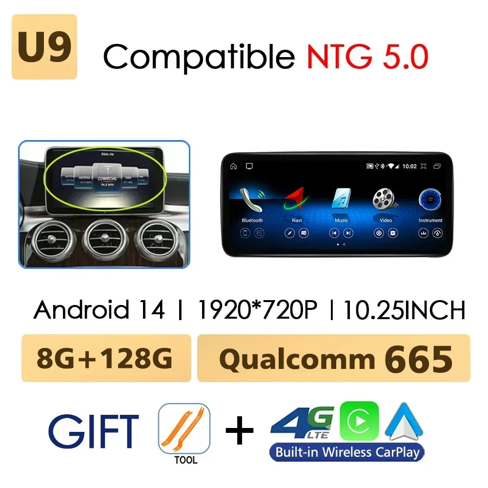 Android 14 Wireless CarPlay For Mercedes Benz C Class W205 Screen Android Auto Multimedia Navigation GPS SWC DSP 4G WiFi