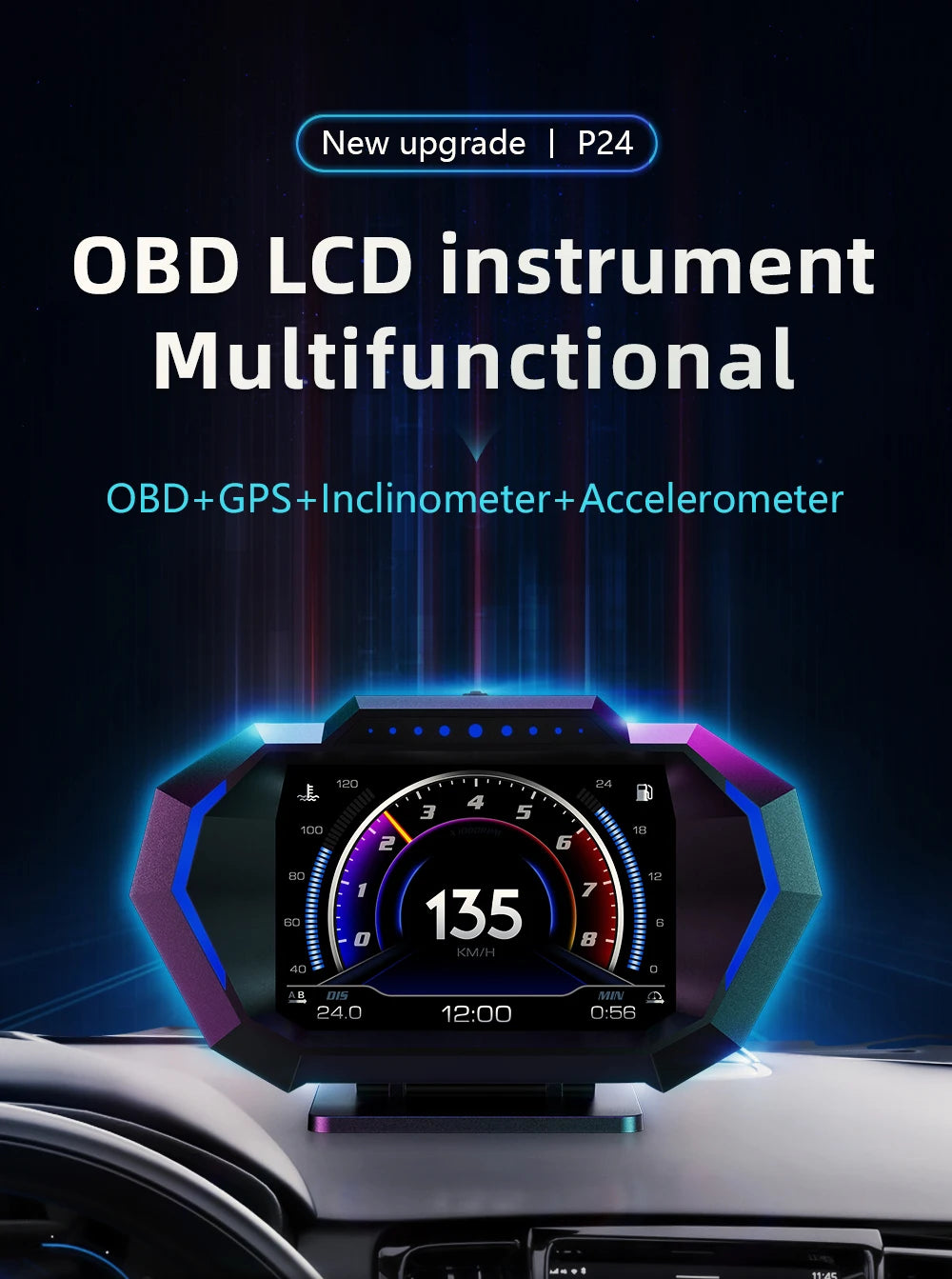 HUD P24 OBD2+GPS Head Up Display on Board Computer Multi-function Digital Speedometer Slope Meter Inclinometro 4x4 Off Road