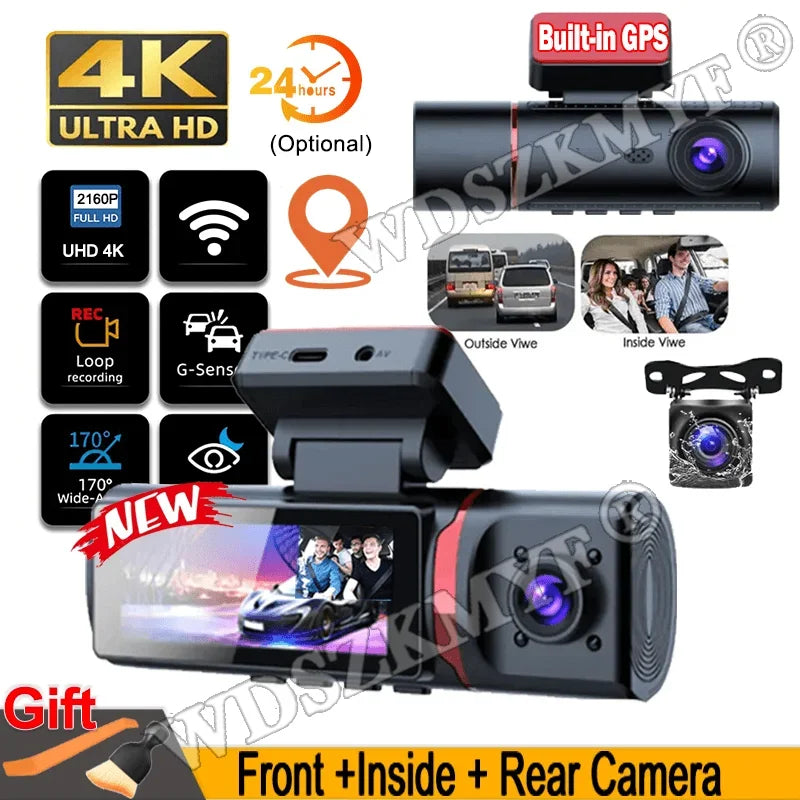 3 Lens Car DVR 4K WIFI GPS Car Dash Cam Video Recorder 1080P inside Front and Rear View Cameras 24H Parking Monitor Black Box