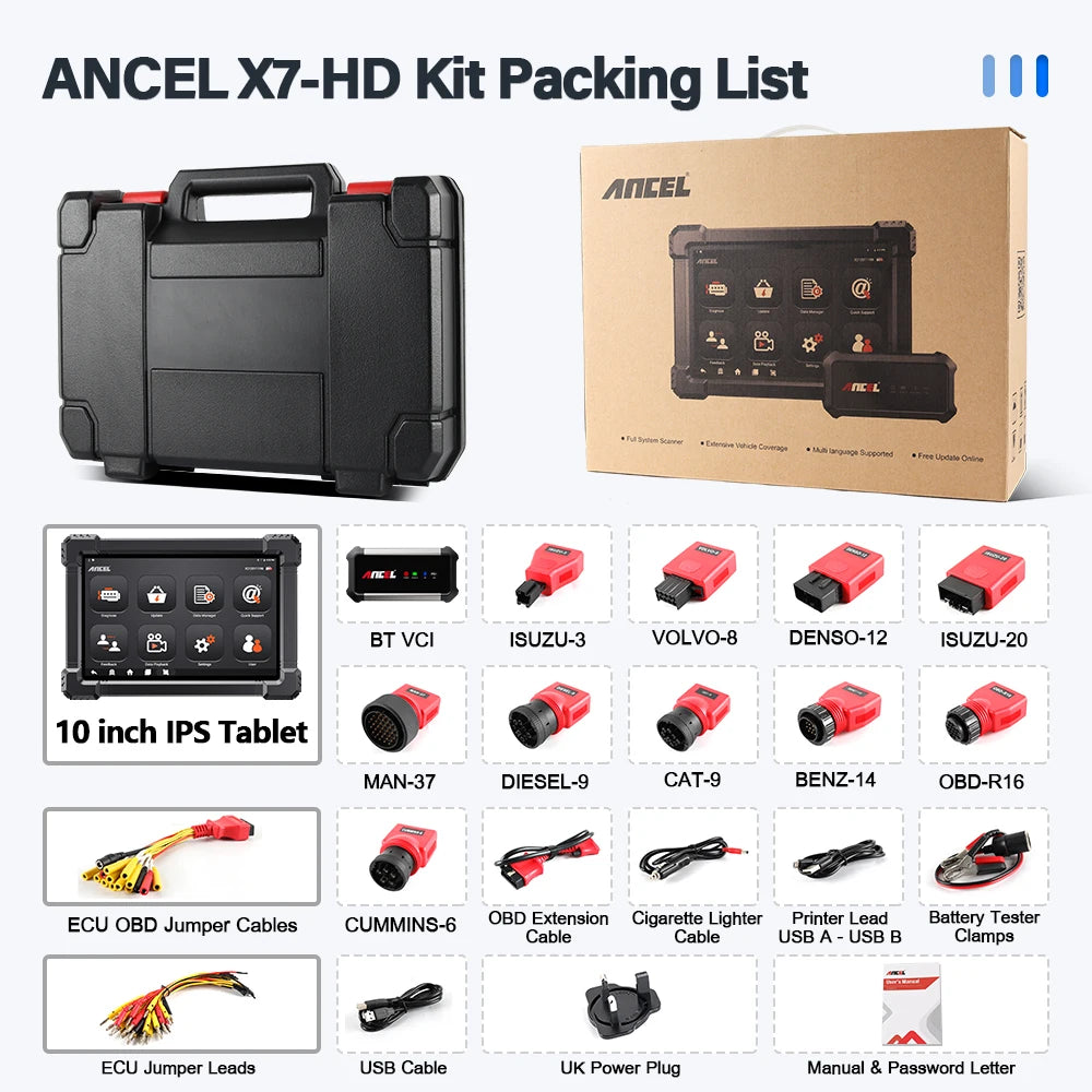 ANCEL X7 HD Heavy Duty Truck OBD2 Automotive Scanner Full System 12V 24V Oil D-P-F Regen ECU Reset OBD2 Truck Diagnostic Tools ﻿