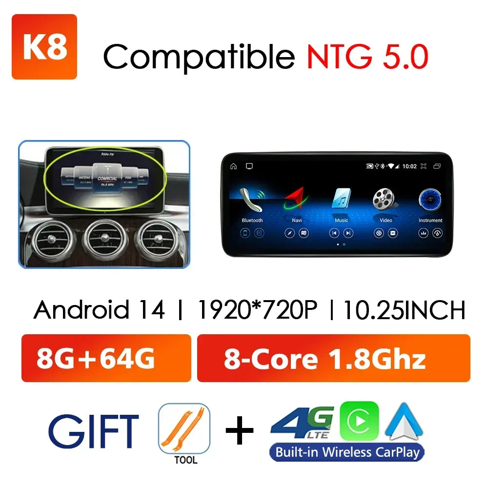 Android 14 Wireless CarPlay For Mercedes Benz C Class W205 Screen Android Auto Multimedia Navigation GPS SWC DSP 4G WiFi