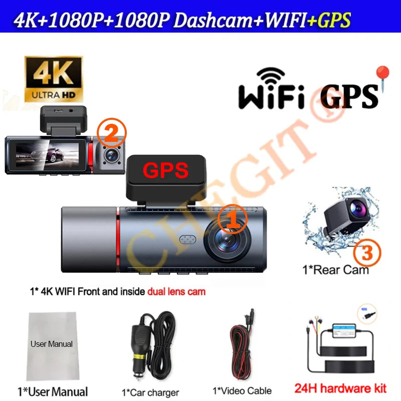 3 Lens Car DVR 4K WIFI GPS Car Dash Cam Video Recorder 1080P inside Front and Rear View Cameras 24H Parking Monitor Black Box
