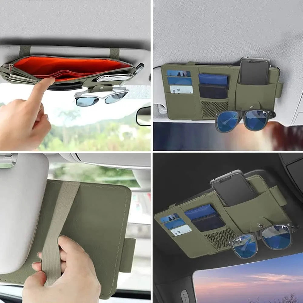 Leather car multi-functional sun visor, multi-pocket business card, memory card storage bag, car sunglasses frame, sun visor