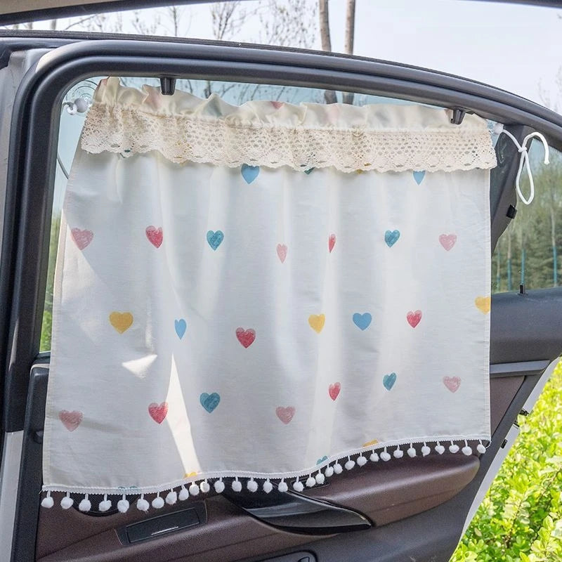 Car Side Window Sunshade Curtains Suction Cup Checkered Design Car Accessories Light-Blocking Lace Trim Car Privacy Curtains