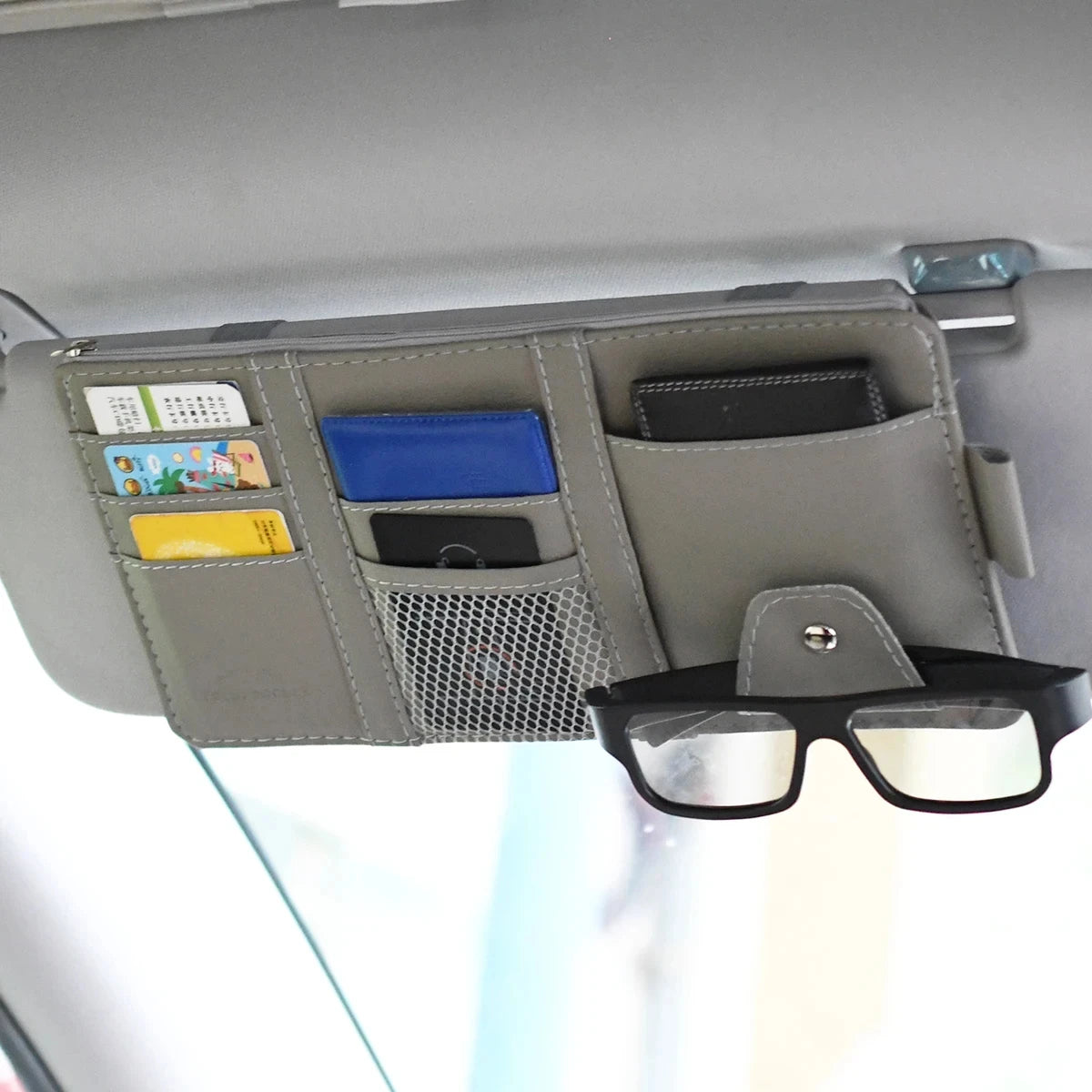 Leather car multi-functional sun visor, multi-pocket business card, memory card storage bag, car sunglasses frame, sun visor